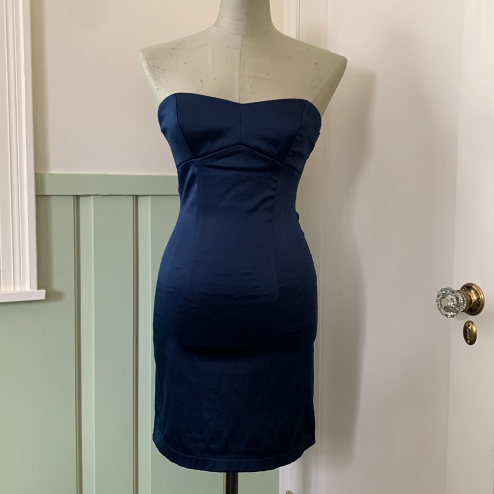 Navy blue strapless cocktail dress